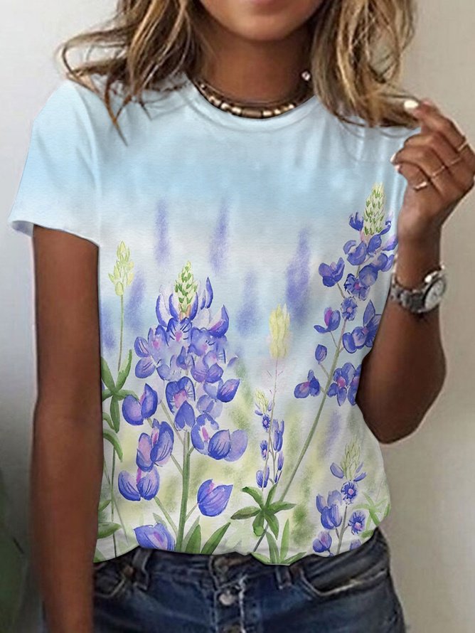 Casual Floral V Neck Short Sleeve T-shirt