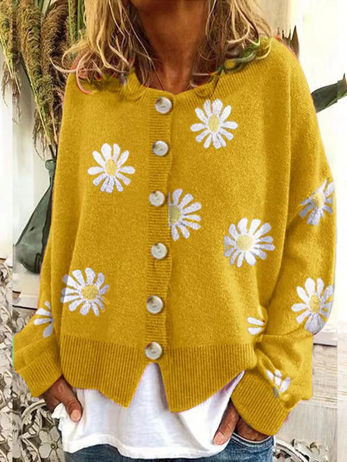 Women Wool/Knitting Floral Long Sleeve Comfy Casual Cardigan