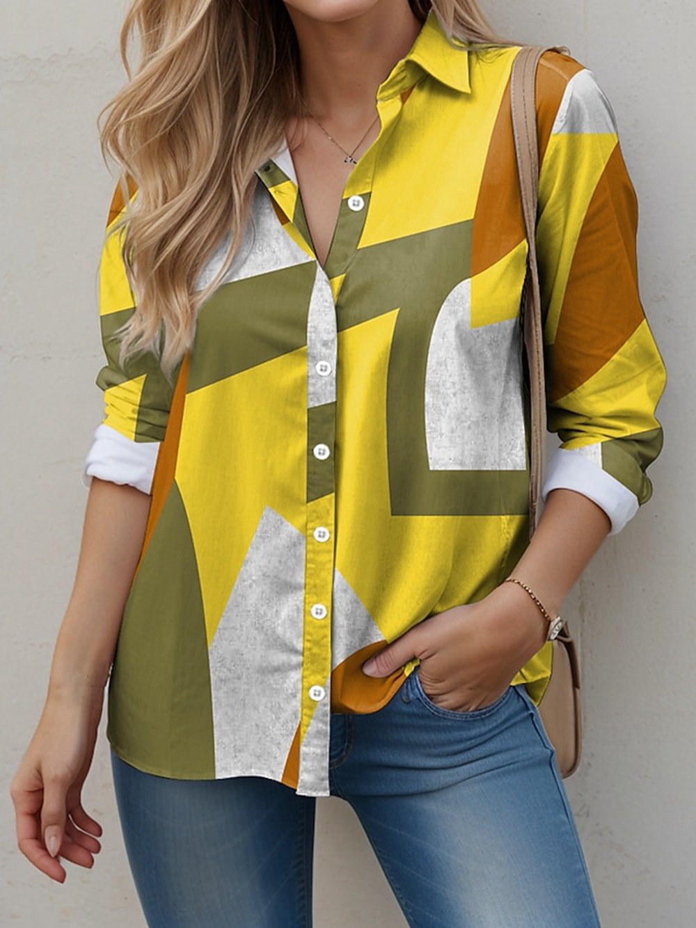 Shirt Collar Short Sleeve Geometric Embroidery Regular Loose Shirt For Women