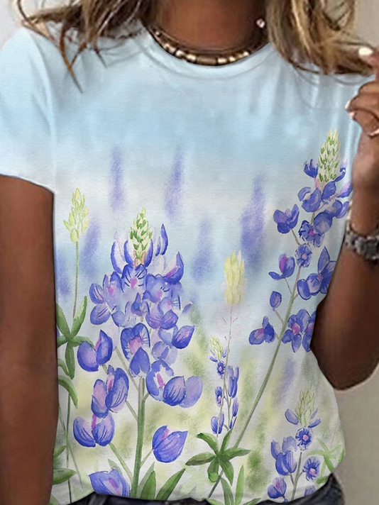 Casual Floral V Neck Short Sleeve T-shirt