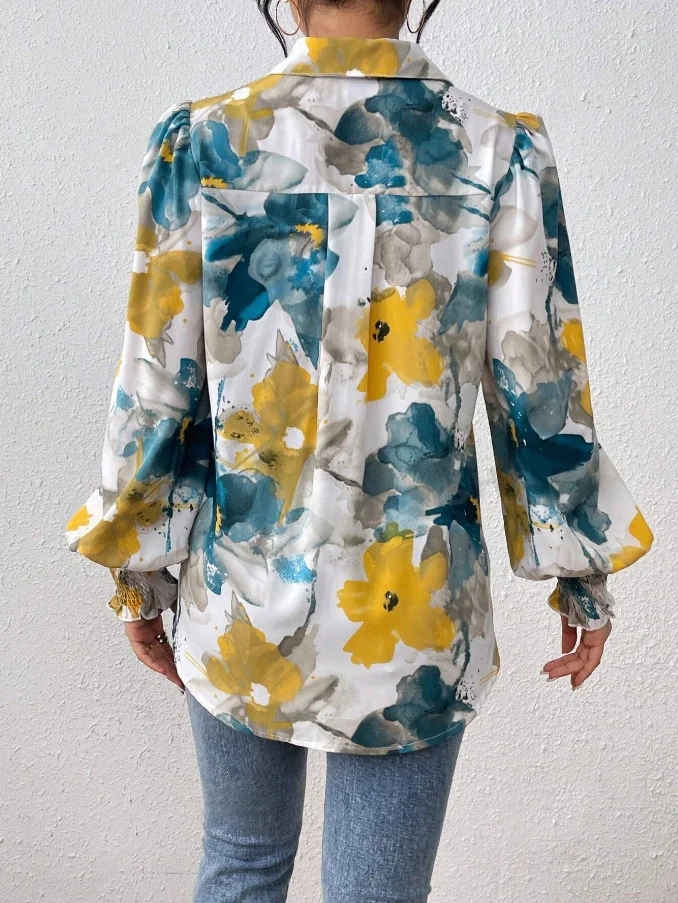 Shirt Collar Long Sleeve Floral Regular Loose Shirt For Women