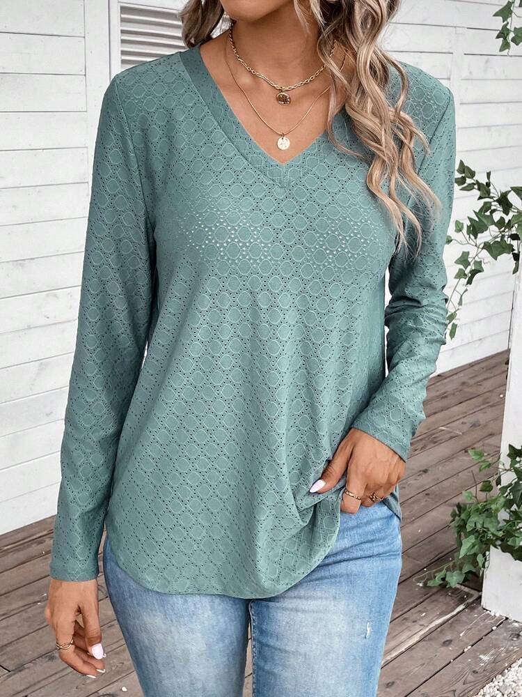 V Neck Long Sleeve Plain Regular Loose Blouse For Women