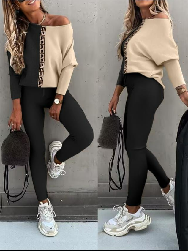 Women Abstract Graphic Crew Neck Long Sleeve Comfy Casual Top With Pants Two-Piece Set