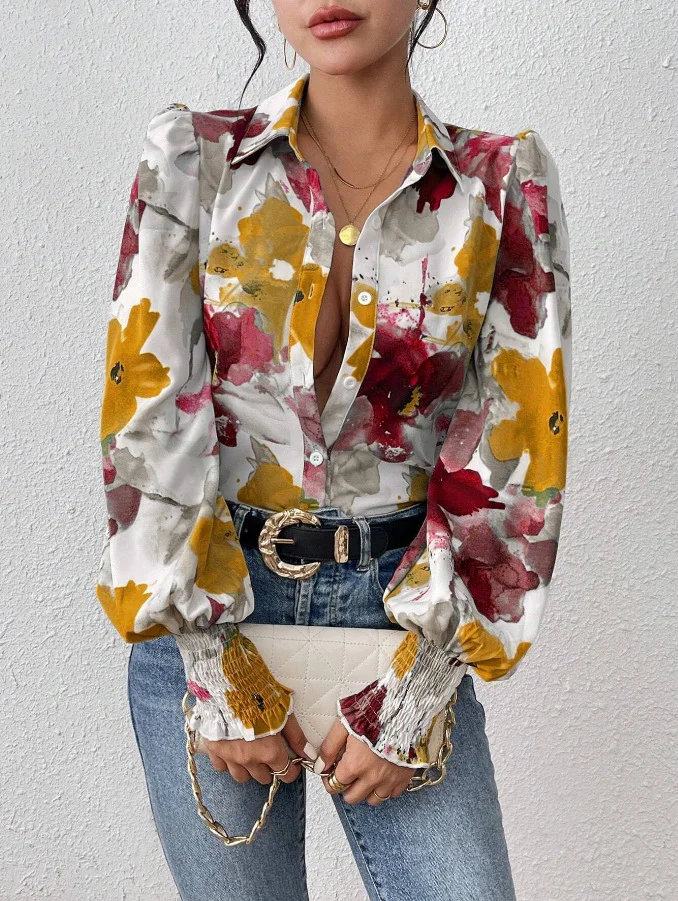 Shirt Collar Long Sleeve Floral Regular Loose Shirt For Women