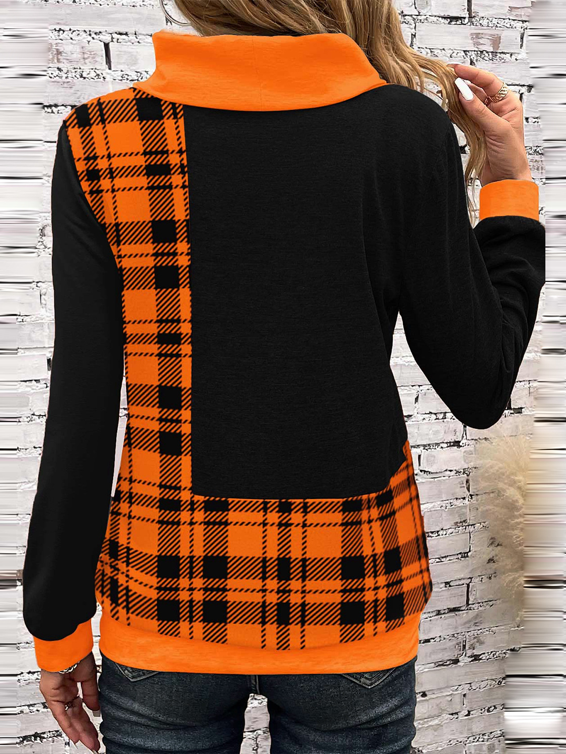 Casual Turtleneck Plaid Sweatshirt Zipper