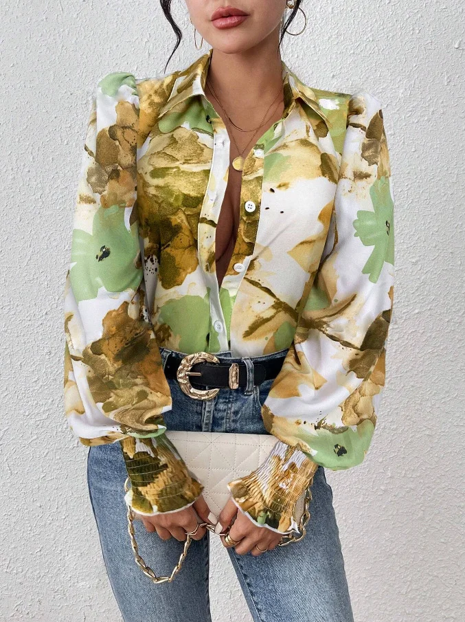 Shirt Collar Long Sleeve Floral Regular Loose Shirt For Women