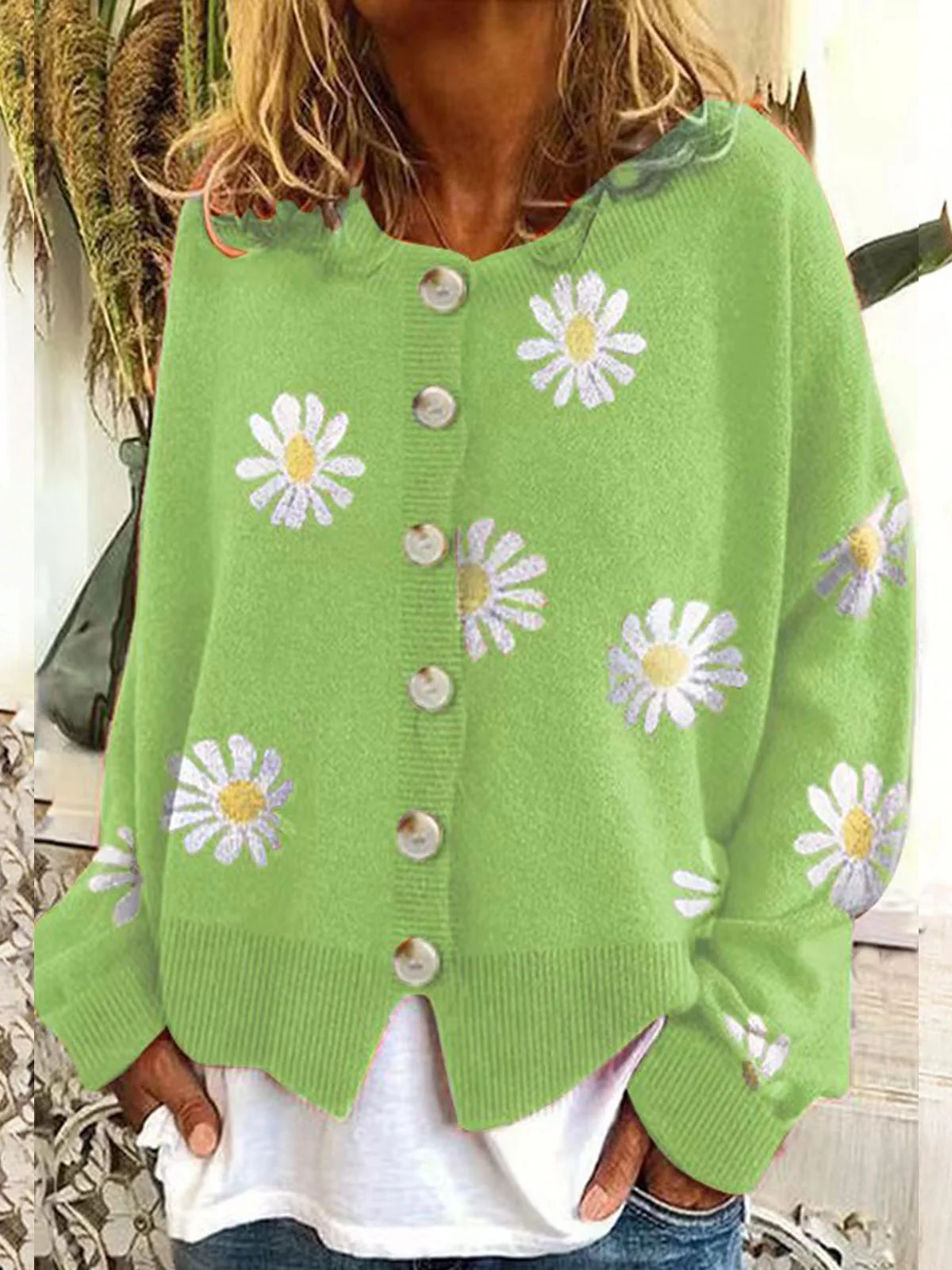 Women Wool/Knitting Floral Long Sleeve Comfy Casual Cardigan