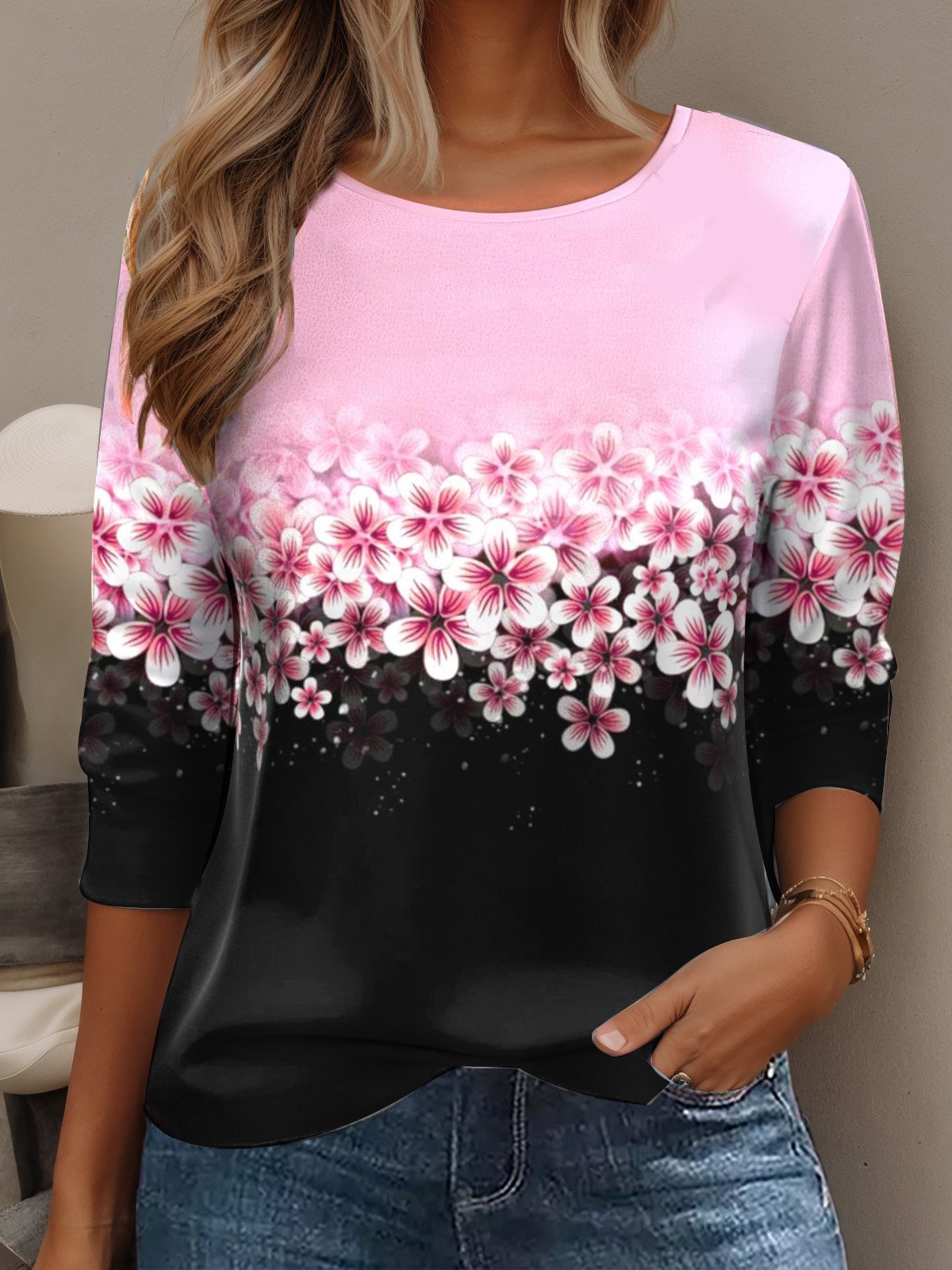 Casual Floral Crew Neck Long Sleeve T-shirt