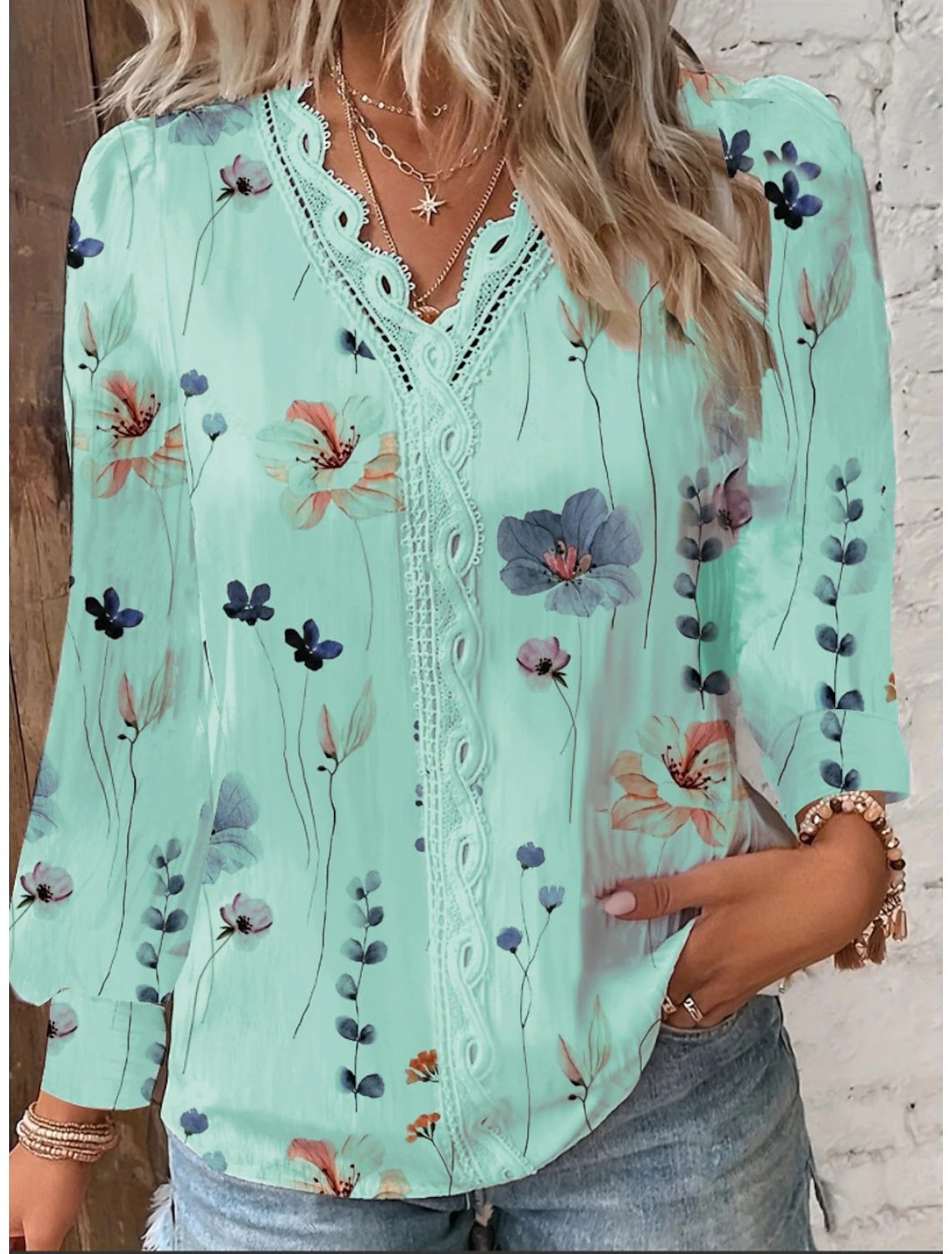 Long Sleeve Floral Regular Loose Blouse For Women