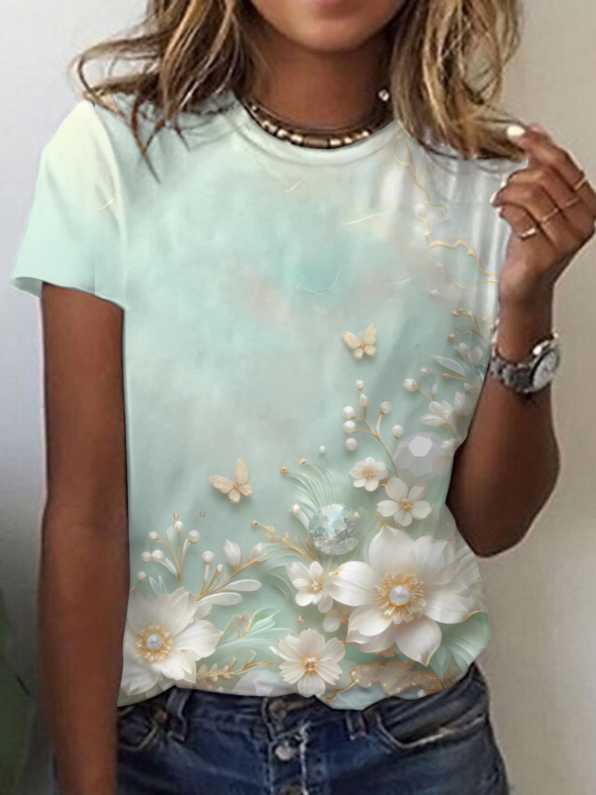 Casual Floral V Neck Long Sleeve T-shirt