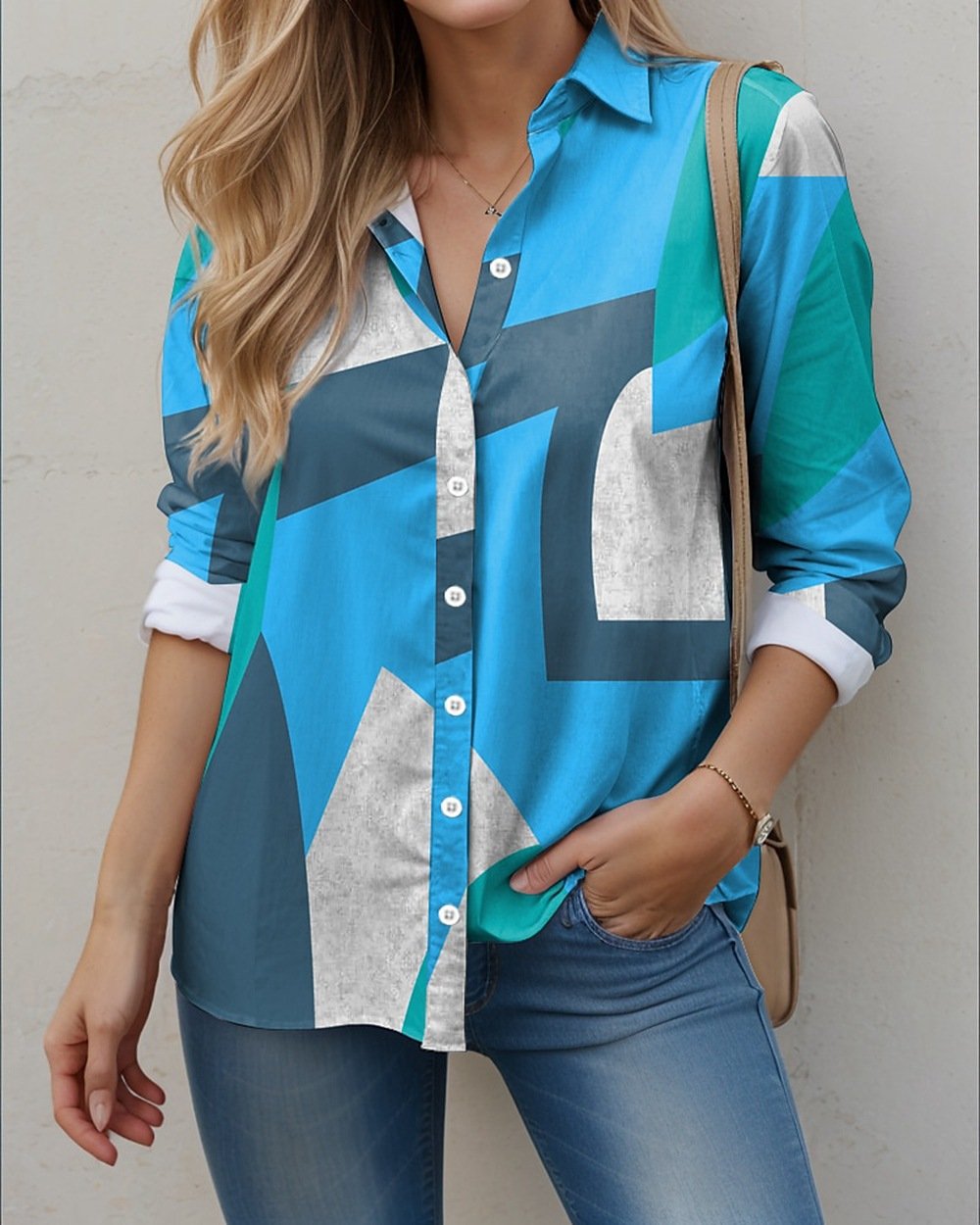 Shirt Collar Short Sleeve Geometric Embroidery Regular Loose Shirt For Women