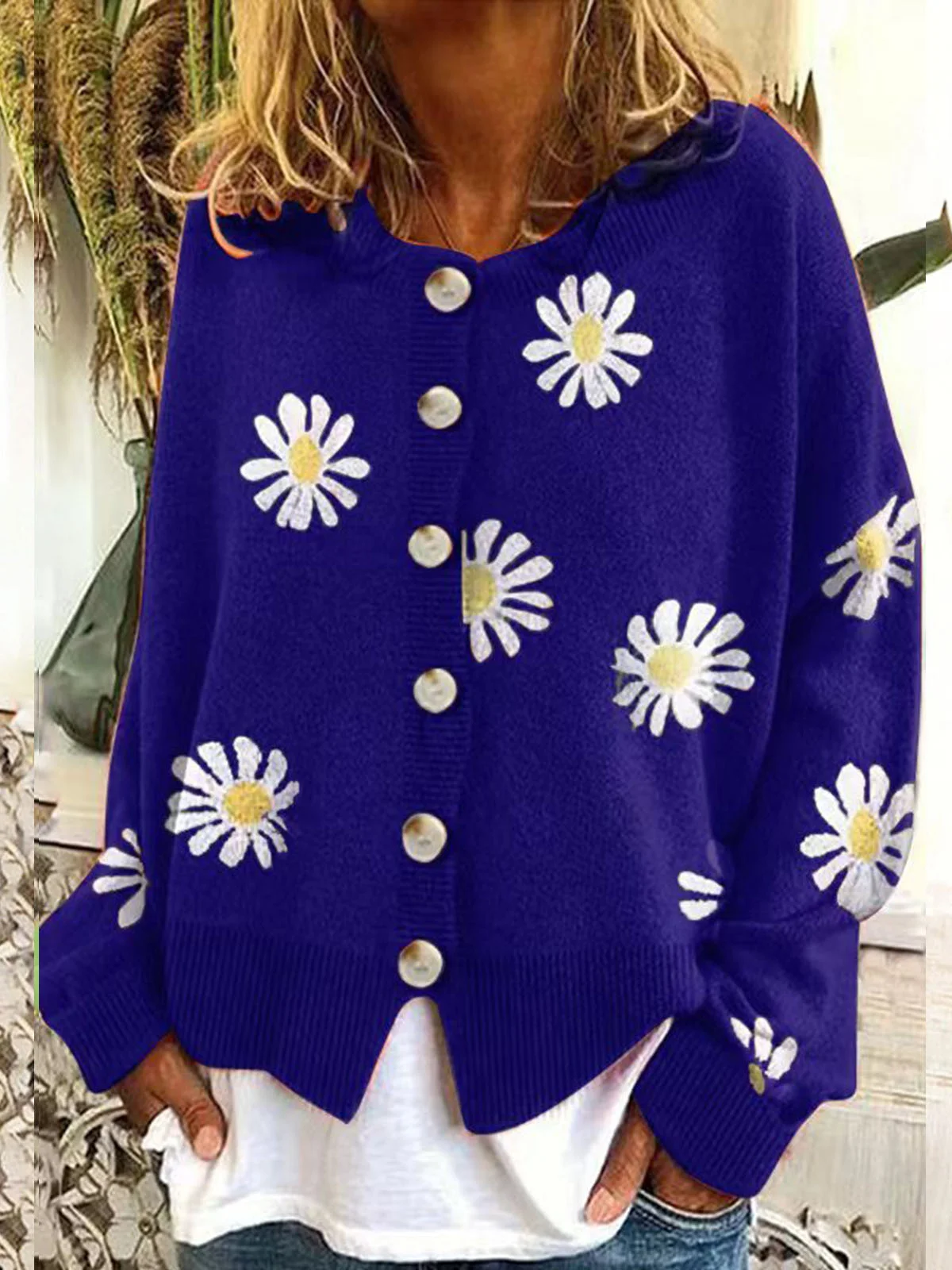 Women Wool/Knitting Floral Long Sleeve Comfy Casual Cardigan