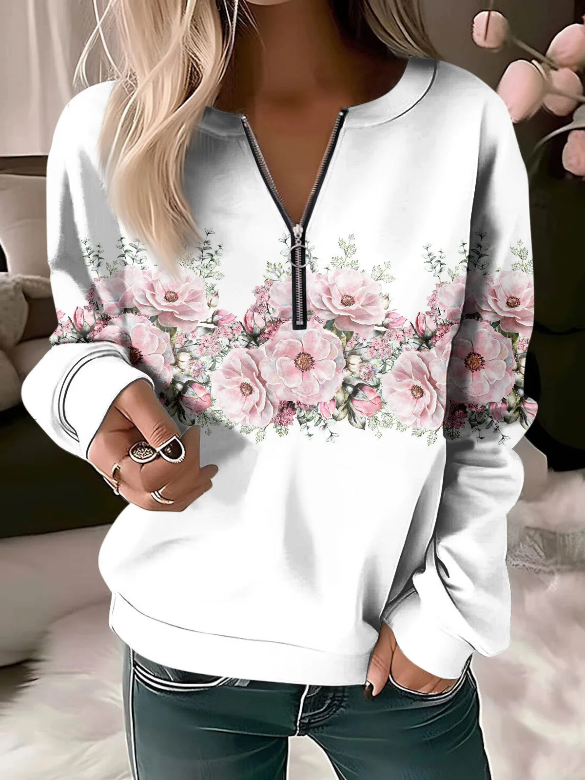 Casual Crew Neck Floral Sweatshirt Zipper