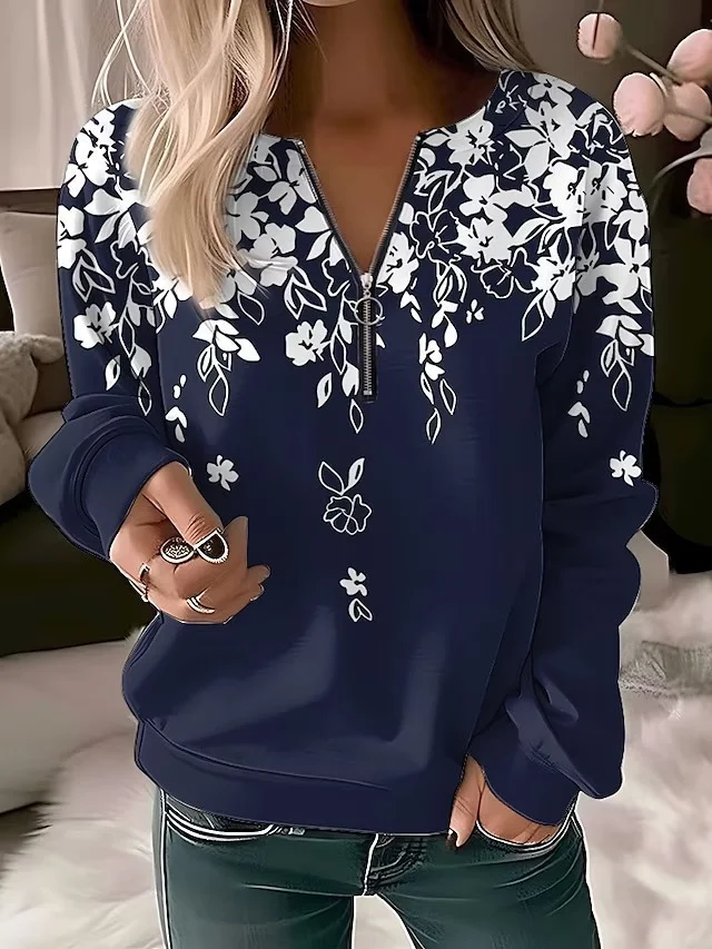 Casual Crew Neck Floral Sweatshirt Zipper