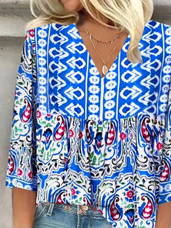 V Neck Three Quarter Sleeve Ethnic Regular Regular Fit Blouse For Women