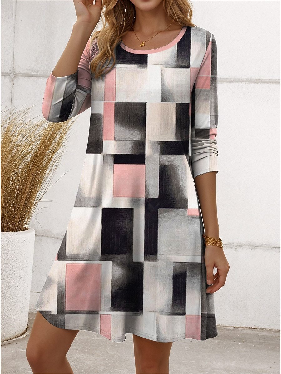 Women Geometric Crew Neck Long Sleeve Comfy Casual Buckle Midi Dress