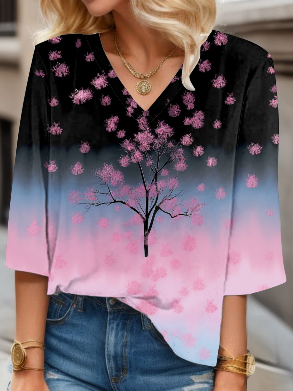 V Neck Three Quarter Sleeve Floral Regular Regular Fit Blouse For Women