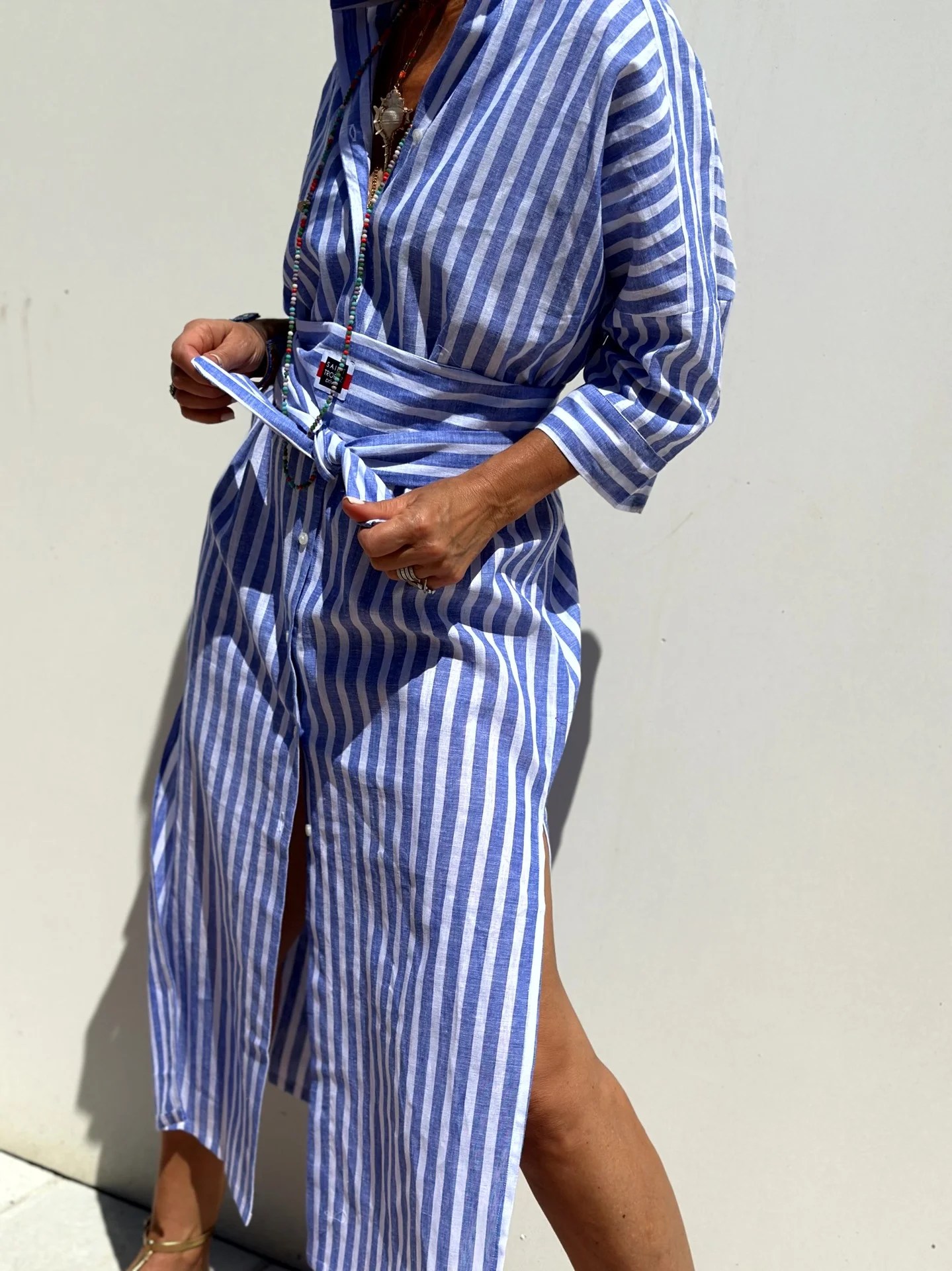 Women Striped Shirt Collar Half Sleeve Comfy Casual Midi Dress