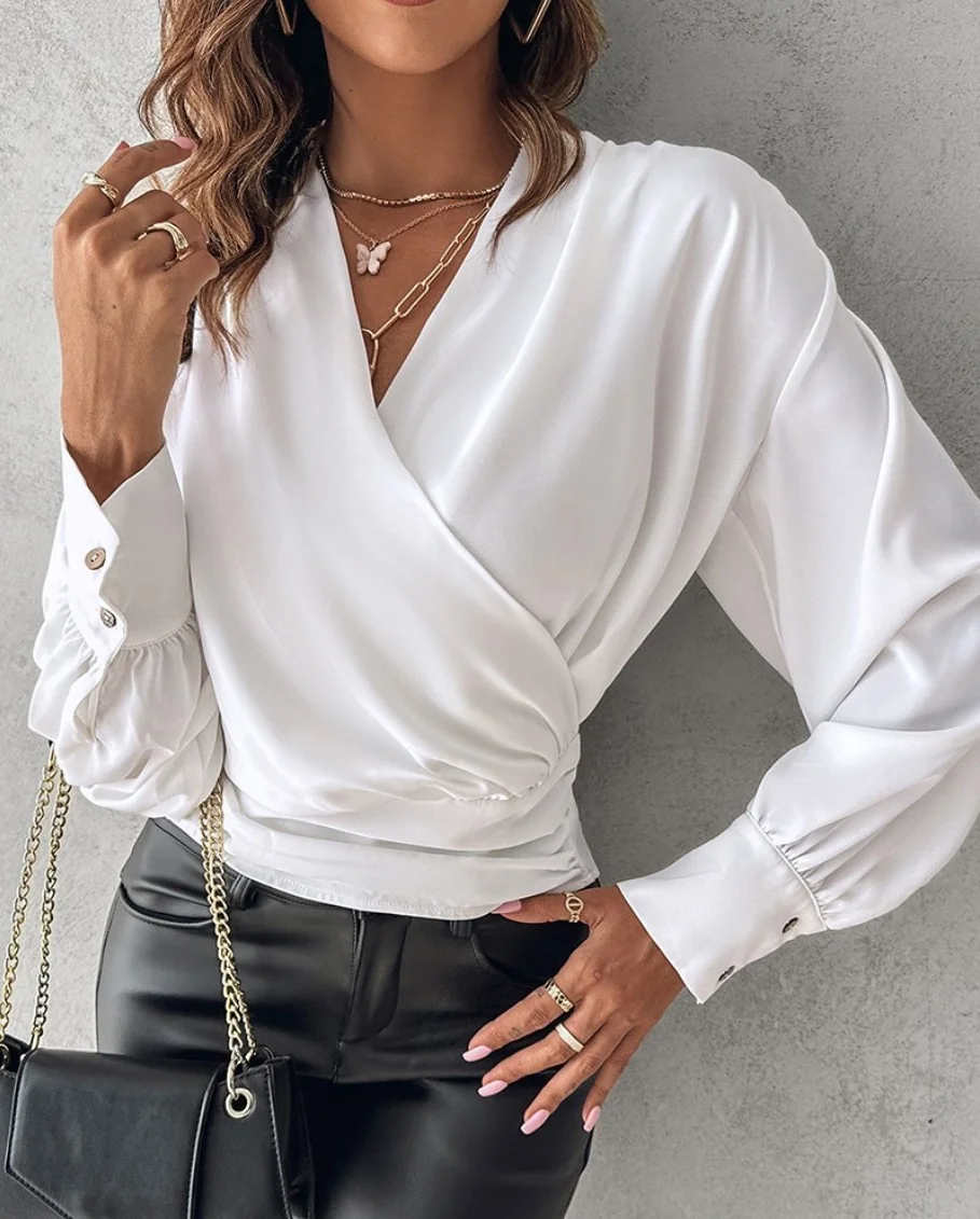 V Neck Long Sleeve Geometric Regular Regular Fit Blouse For Women