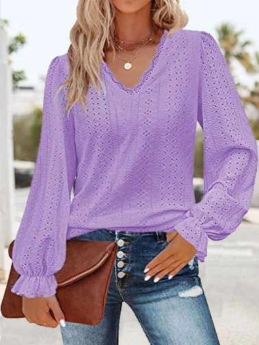 Casual Plain V Neck Long Sleeve T-shirt