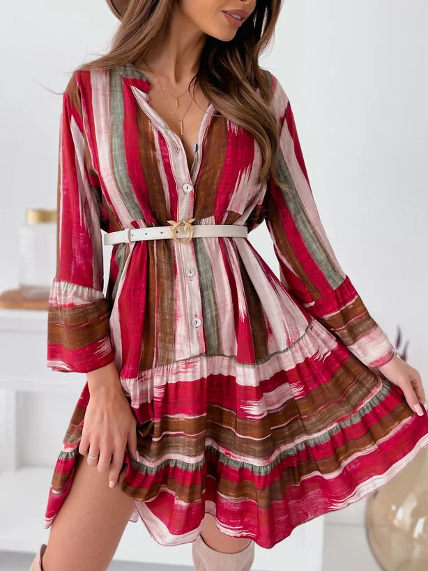 Women Striped V Neck Long Sleeve Comfy Casual Midi Dress