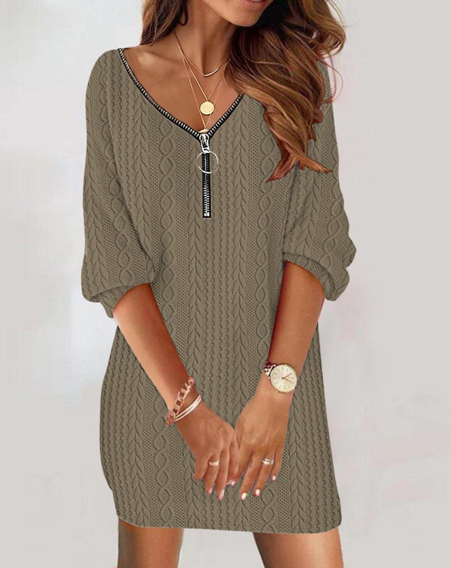 Women Striped V Neck Long Sleeve Comfy Casual Zipper Midi Dress