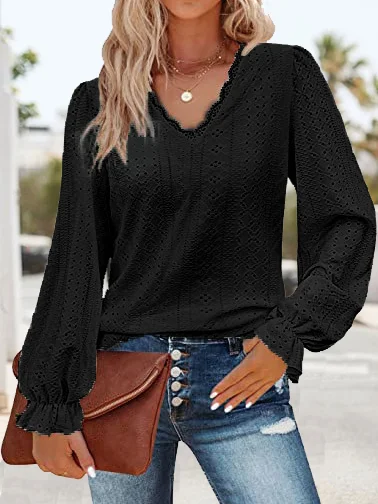 Casual Plain V Neck Long Sleeve T-shirt