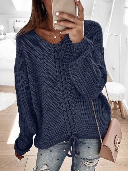 Women Yarn/Wool Yarn Color Block Long Sleeve Comfy Casual Sweater