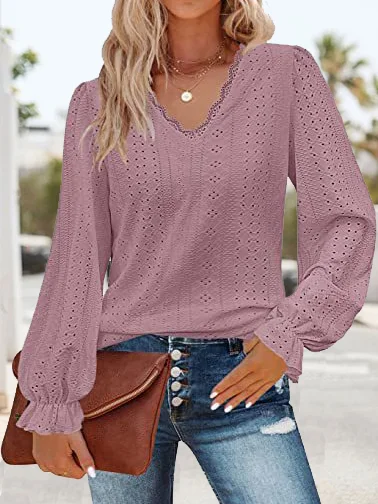 Casual Plain V Neck Long Sleeve T-shirt