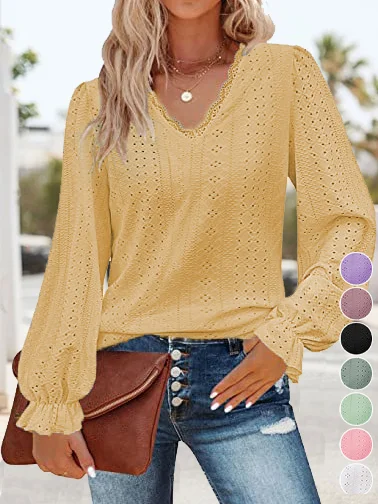 Casual Plain V Neck Long Sleeve T-shirt