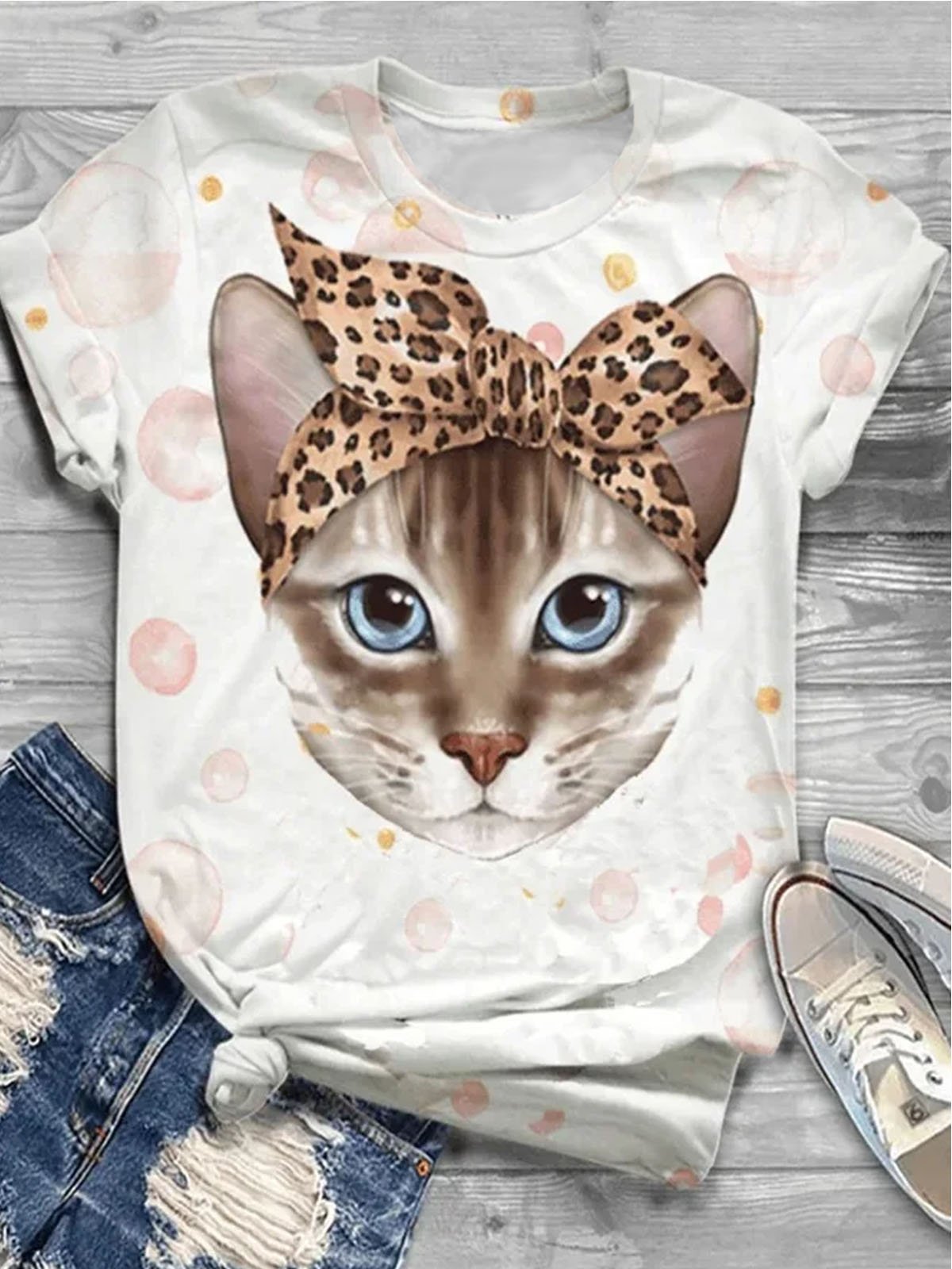 Casual Cat Crew Neck Short Sleeve T-shirt