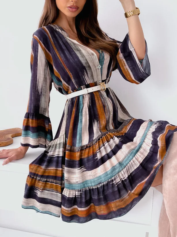 Women Striped V Neck Long Sleeve Comfy Casual Midi Dress