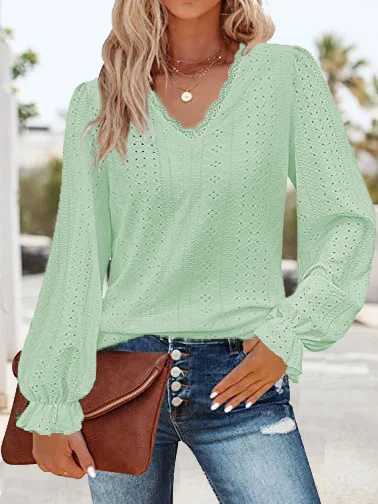 Casual Plain V Neck Long Sleeve T-shirt