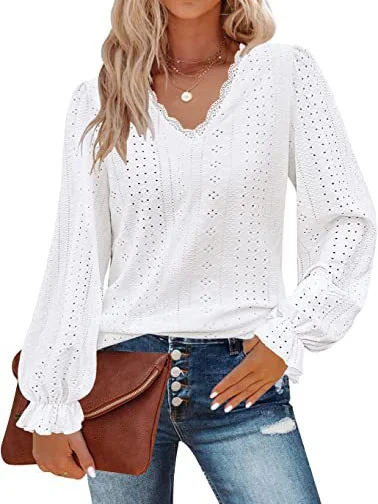 Casual Plain V Neck Long Sleeve T-shirt