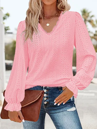 Casual Plain V Neck Long Sleeve T-shirt