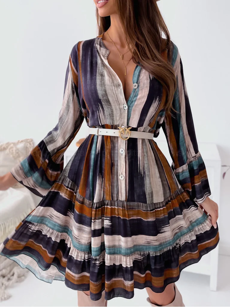 Women Striped V Neck Long Sleeve Comfy Casual Midi Dress