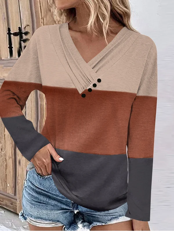 Casual Striped V Neck Long Sleeve T-shirt