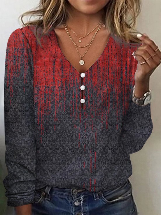 Casual Striped V Neck Long Sleeve T-shirt