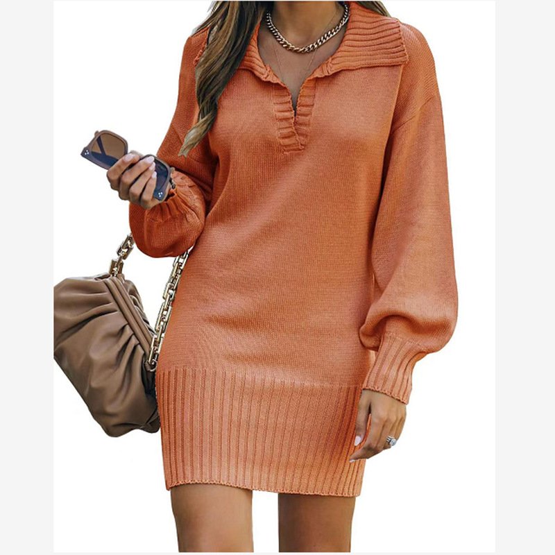 Women Plain V Neck Long Sleeve Comfy Casual Midi Dress