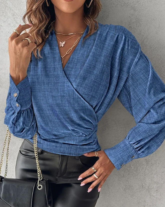 V Neck Long Sleeve Geometric Regular Regular Fit Blouse For Women