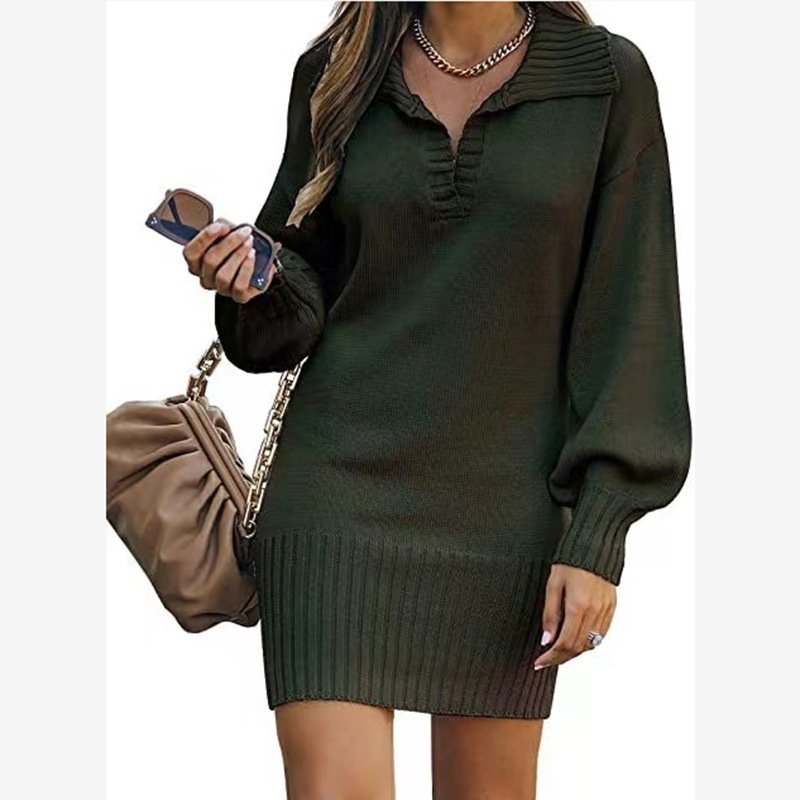 Women Plain V Neck Long Sleeve Comfy Casual Midi Dress