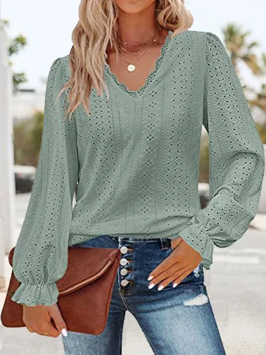 Casual Plain V Neck Long Sleeve T-shirt