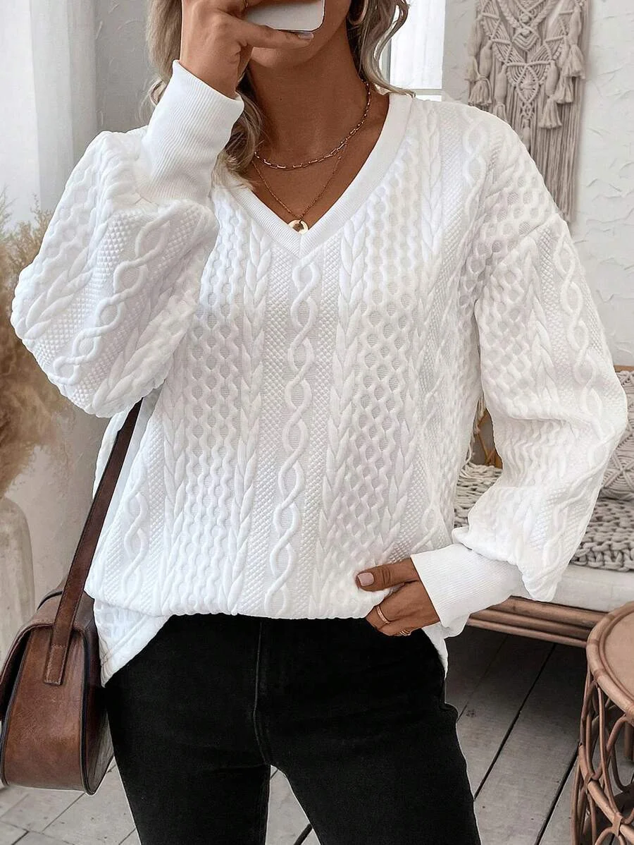 Casual V Neck Plain Sweatshirt Zipper