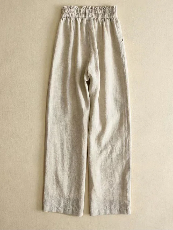 Casual Plain Long Elastic Waist Buckle Pants