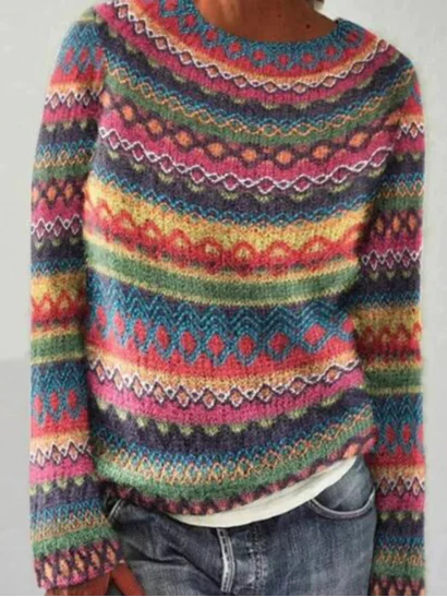 Women Yarn/Wool Yarn Ethnic Long Sleeve Comfy Casual Sweater