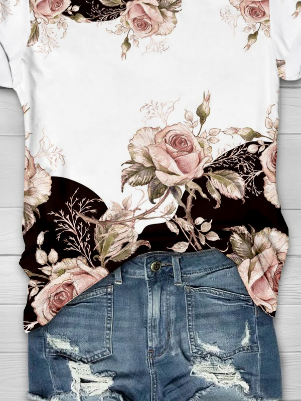 Casual Floral Crew Neck Short Sleeve T-shirt