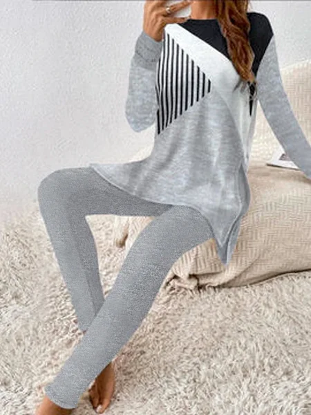 Women Geometric Crew Neck Long Sleeve Comfy Casual Top With Pants Two-Piece Set