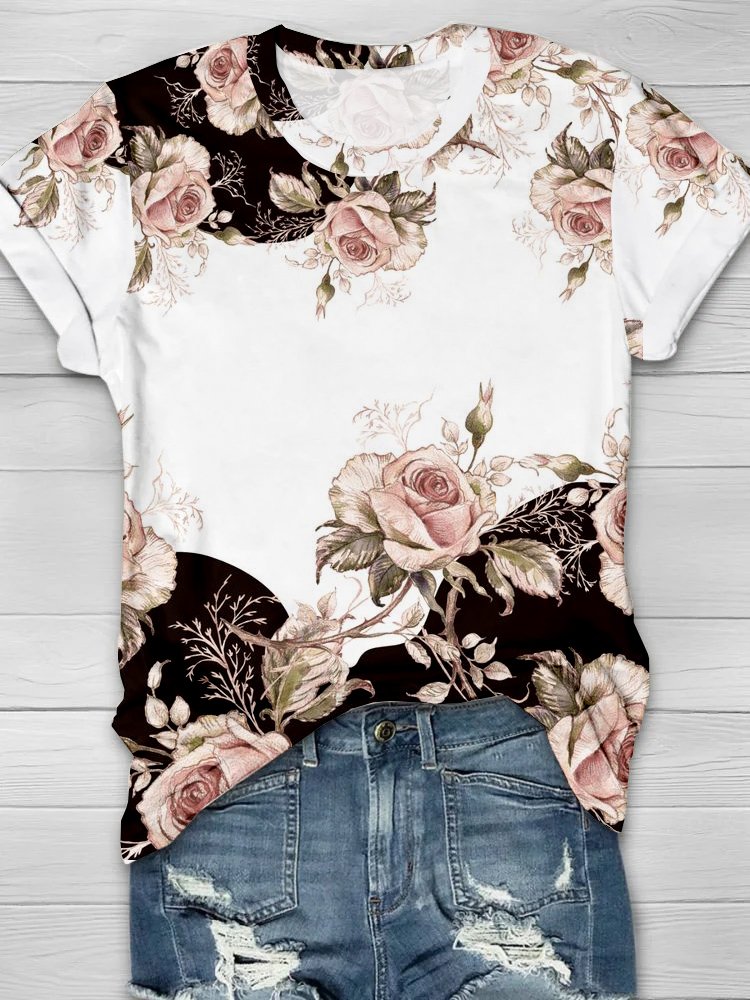 Casual Floral Crew Neck Short Sleeve T-shirt