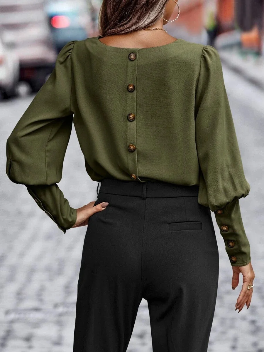 Crew Neck Long Sleeve Plain Buttoned Regular Loose Blouse For Women