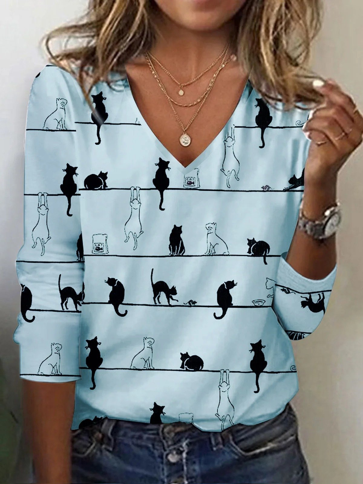 Casual Cat V Neck Long Sleeve T-shirt